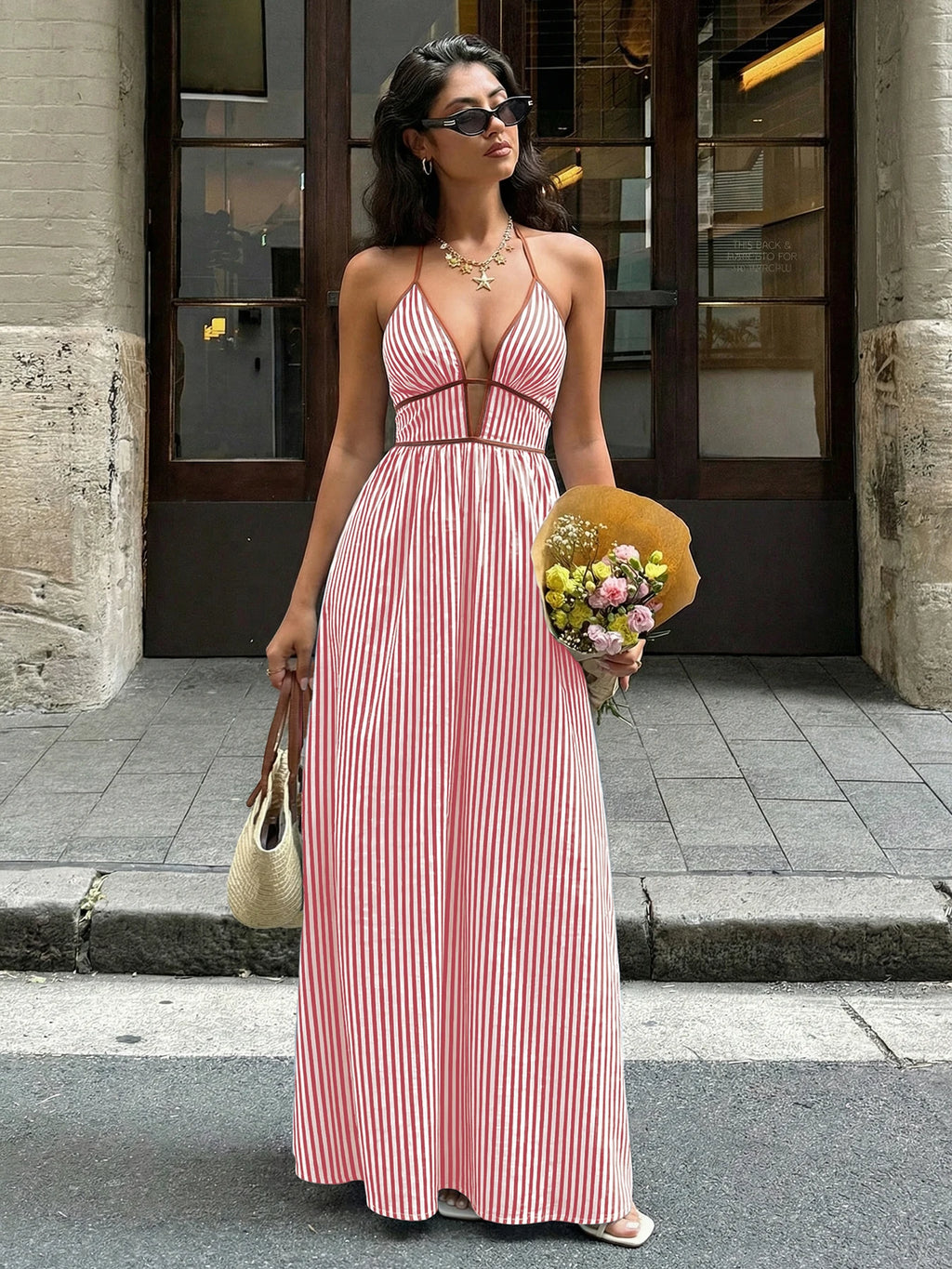 Sexy Backless Sleeveless Neckline Long Dress 2026 Summer New Style Deep V-neck Striped Beach Dress