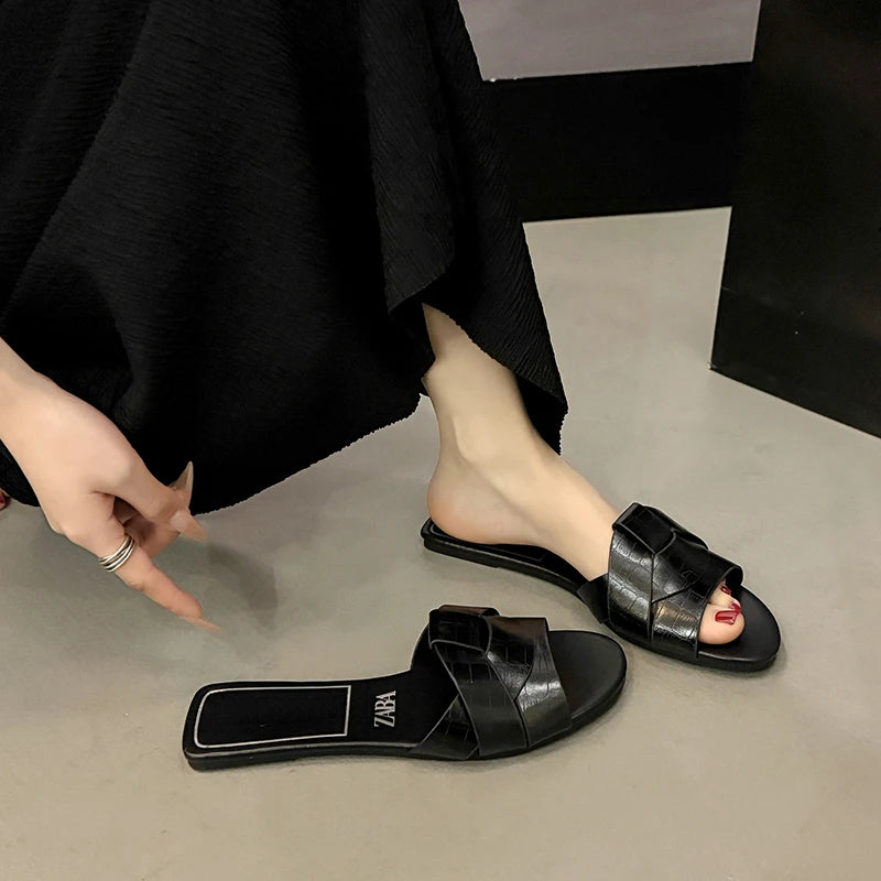 NAZSQ Women's Open Toe Flat Slides - Casual Summer Sandals