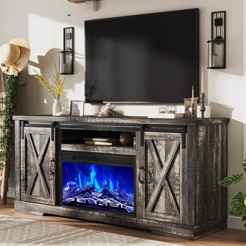 AMERLIFE Fireplace TV Stand with Sliding Barn Door Farmhouse Fireplace Entertainment Center with Storage Cabinets/Adjustable