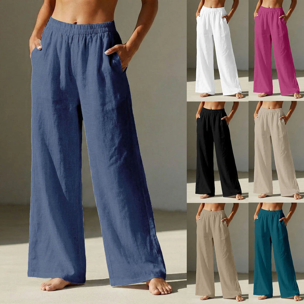 Linen Pants For Women Summer Casual Beach Pants High Waist Pocket Wide Leg Pants Loose Fit Solid Lightweight Palazzo Trousers