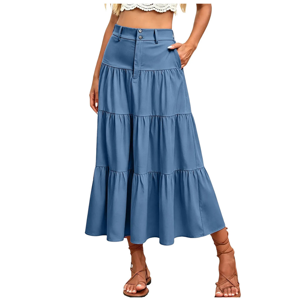 Damen High Waist Midi Mit Elastischem Bund Knopfleiste Eleganter A Linien Leichtem Material FüR Putifalda Corta Extrema Body