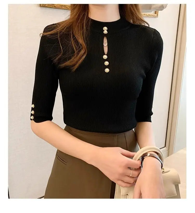 2026 Spring Autumn Korean Fashion Solid Sweater Women Short Sleeve Tops Pull Femme Casual Slim Female Pullover Knitted Clothes