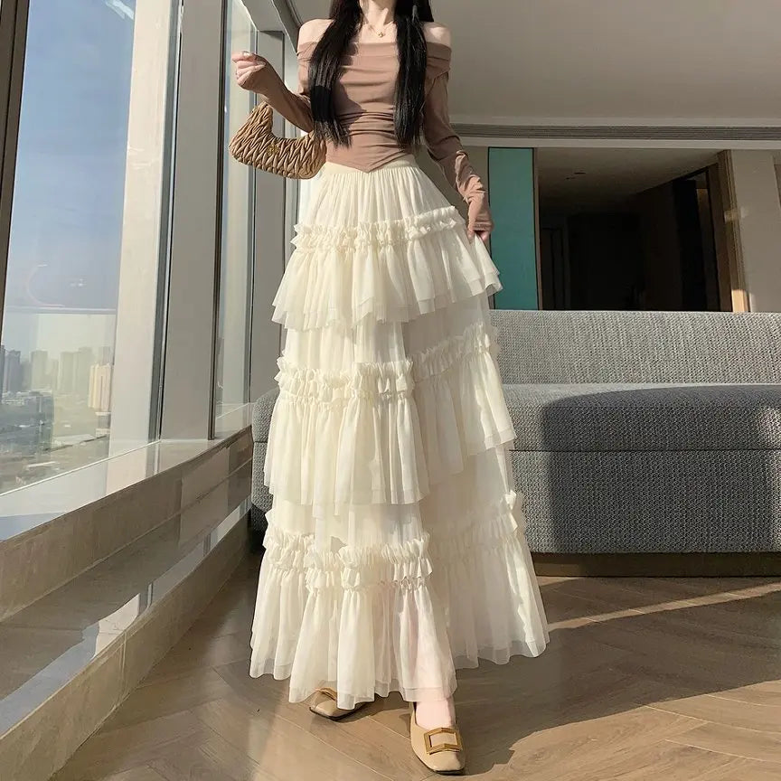 Qiukichonson Midi Long Skirt Women Patchwork Mesh Lolita Spring Summer High Waisted High Low Ruched Ruffles Ball Gown Skirt rok