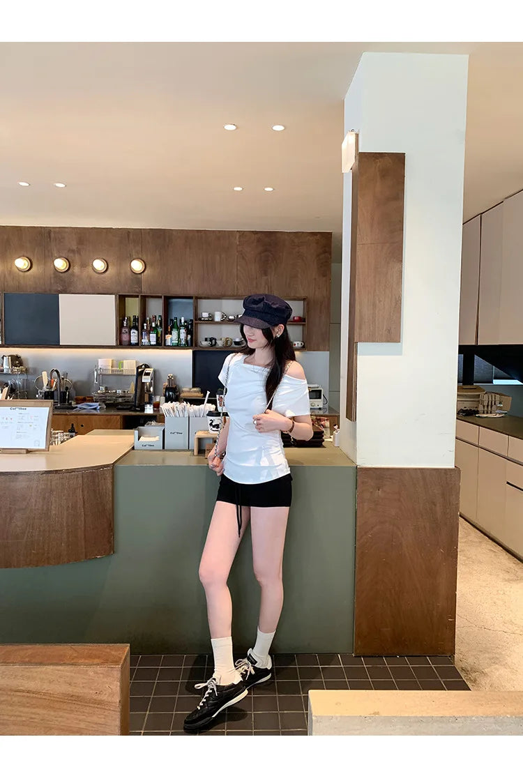 Slim Fit Short Sleeve T-Shirt Women Summer New Style Shoulder Bared Neckline Gathered Waist Elastic Band Casual Style Top