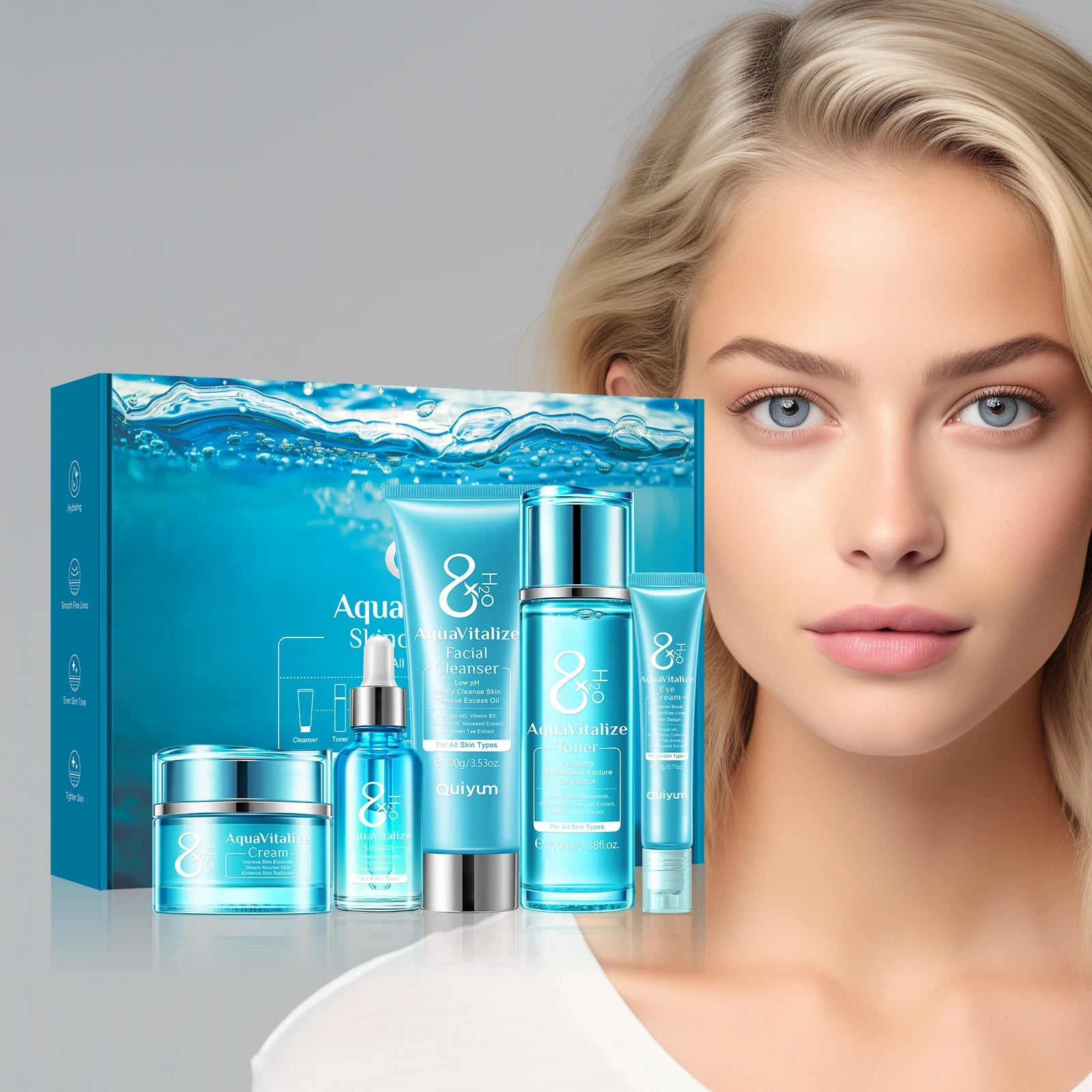 Quiyum 8X H2O AquaVitalize 5-Pcs Skincare Set Hydrating Daily Facial Care Kit Cleanser Toner Serum Eye Cream for All Skin