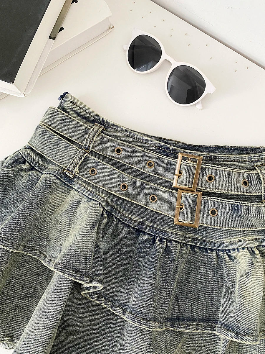 Low Waist Denim Skirt Women's Spring 2026 New Style Double Belt Anti-Light Short Skirt Casual High Waist Polyester Fiber
