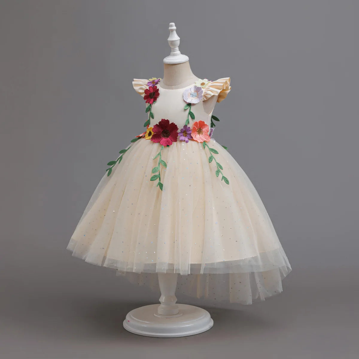 HETISO Princess Dress for Girls Red Christmas Lace Dots Embroidery 3D Flower Formal Party Birthday Gown Kids 2-10 Years