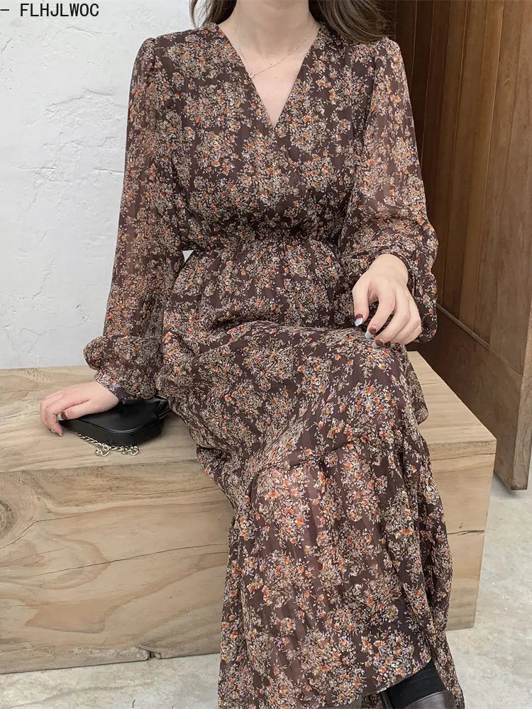 Chic Korean Clothes Design 2022 Autumn Spring Womens V Neck Elegant Lady Floral Printed Retro Vintage Long Maxi Dress