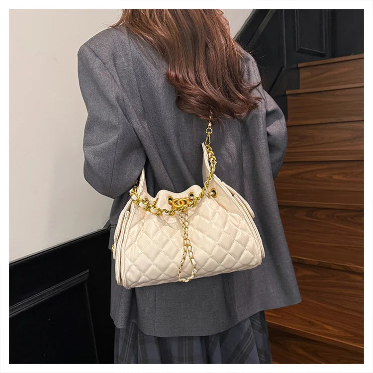Quilted shoulder underarm bag, large-capacity hobo bag, bucket drawstring chain crossbody bag, women's handbag