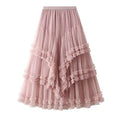 2026 Fashion Women High Waisted Floral Lace Tulle Puff Cake Skirt Vintage Ladies Loose Asymmetrical Long Skirts Women Clothes