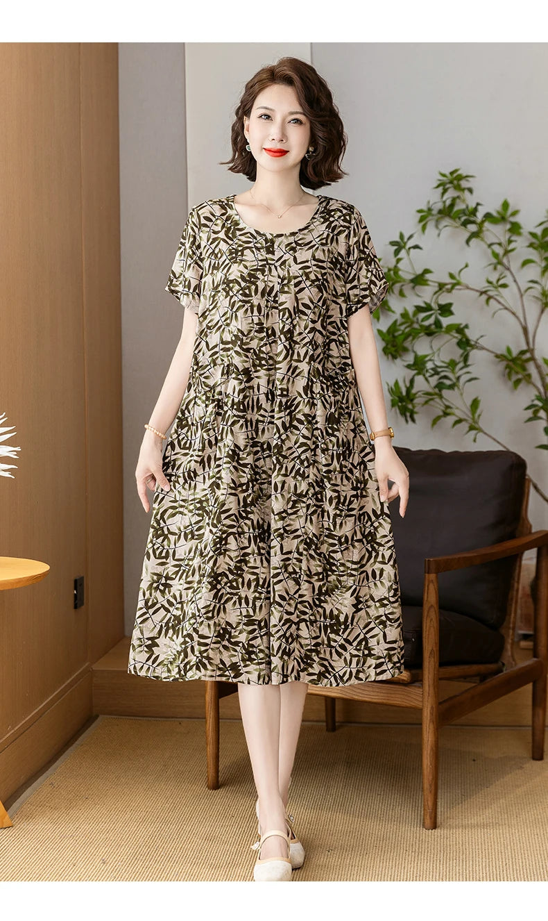 New 2025 Summer Dress Long Vintage Loose Women Elegant Sundress Dress Casual O-neck Dresses Print Plus Size