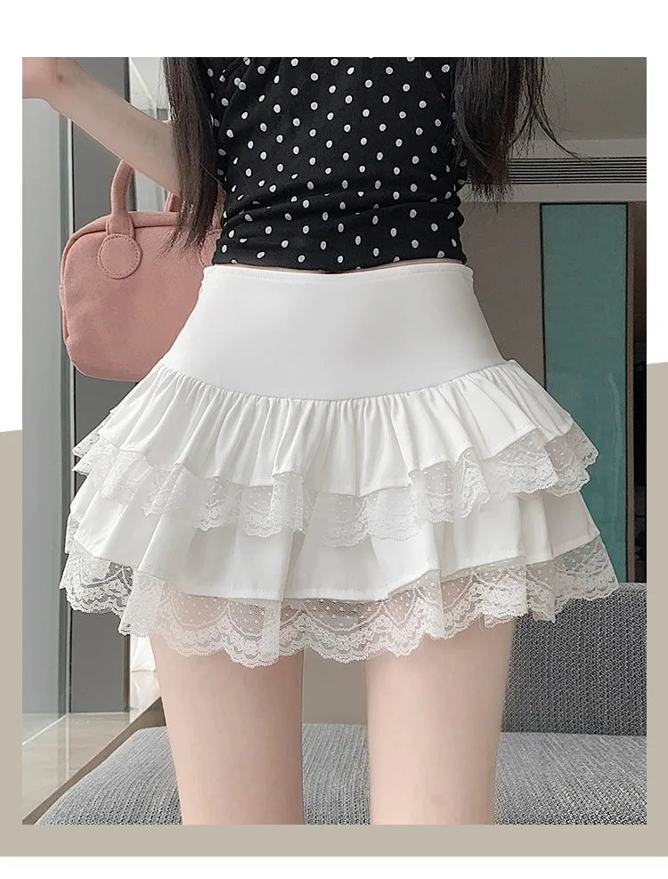 Pure Desire Lace A-Line Mini Skirt High Waist Puffy Sweet Style Short Cake Skirt Cotton Blend Fabric Summer Women's Dress