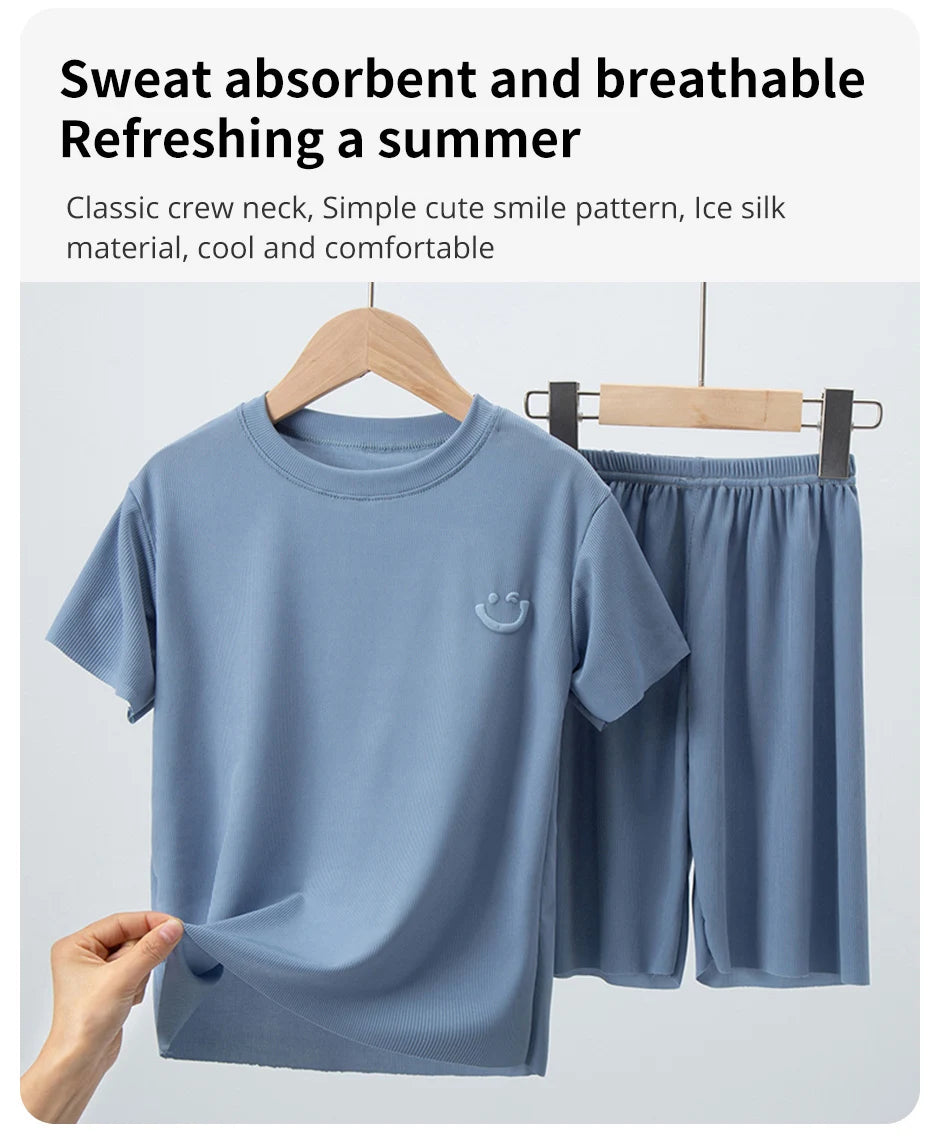 2-piece Summer Children's Solid Color Ice Silk Suit Boys Casual Fashion Cool Short-sleeved Girl Han Fan Joker Shorts Home Clothe