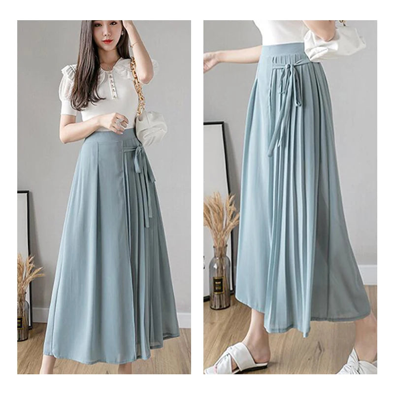 Summer Elastic Pleated Skirt Women Chiffon Trouser Skirt High Waist Casual Wide Leg Pants Fashion Streetwear Pants Pantalones