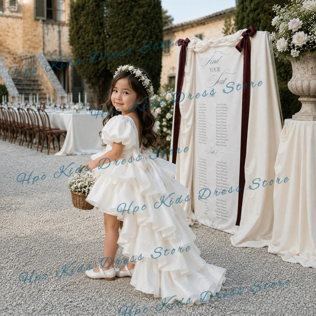 Custom White Tiered Tulle Flower Girl Dress Wedding High-Low Puff Sleeve Gown for  Birthday Party Kids Formal Wear