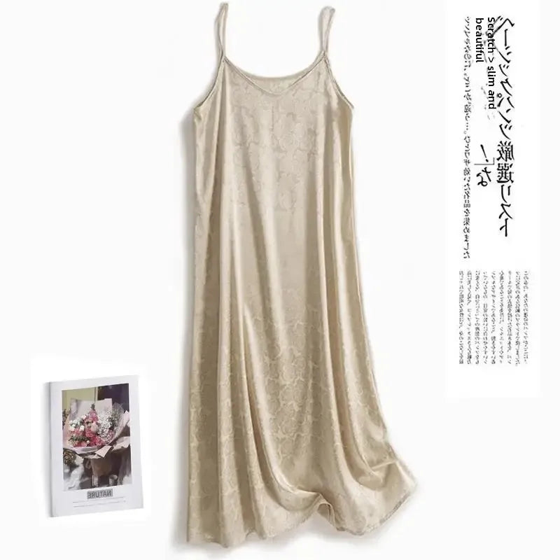 New Arrival Export Quality Genuine Silk Vinegar Satin Round Neck Rose Dress Innertank Skirt Women's Long Dress