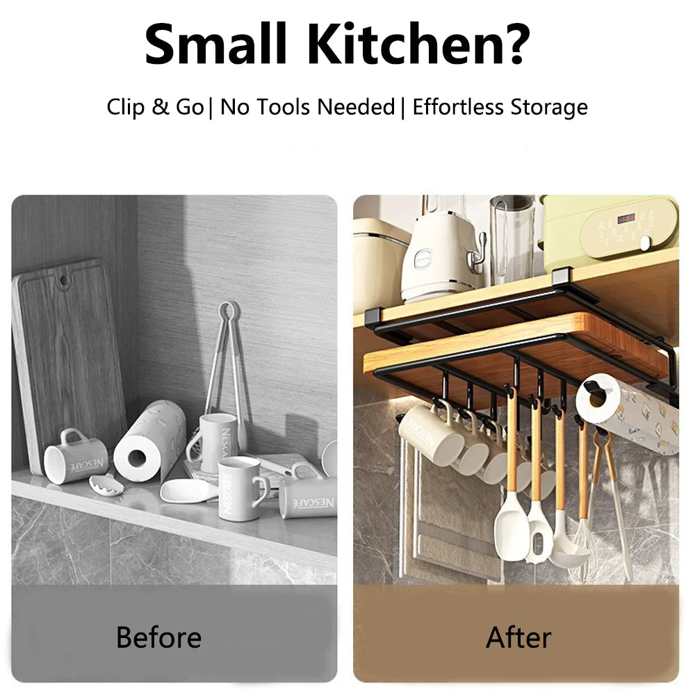 Organizador de cocina colgante con ganchos bajo el armario, soporte para toallas de papel y trapos, tabla de cortar, tapa de olla, estante de almacenamiento