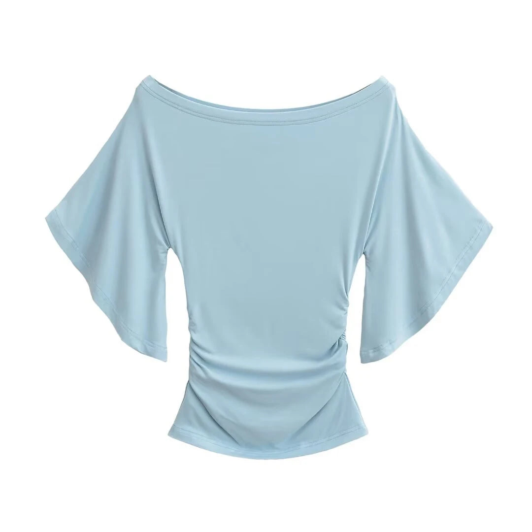 Korean style Women Summer Sexy Bat Sleeve Slash Neck Off Shoulder T-shirt Cinching Waist Solid Slim Top