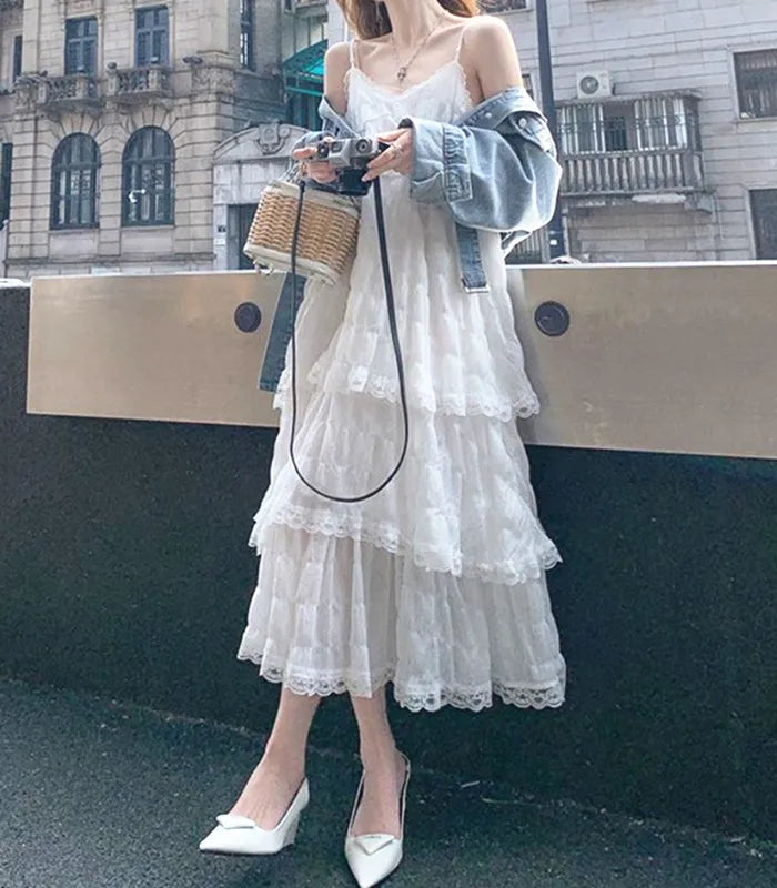 Women's Lace Ruffle Maxi Dress – Elegant Spaghetti Strap Summer Dress