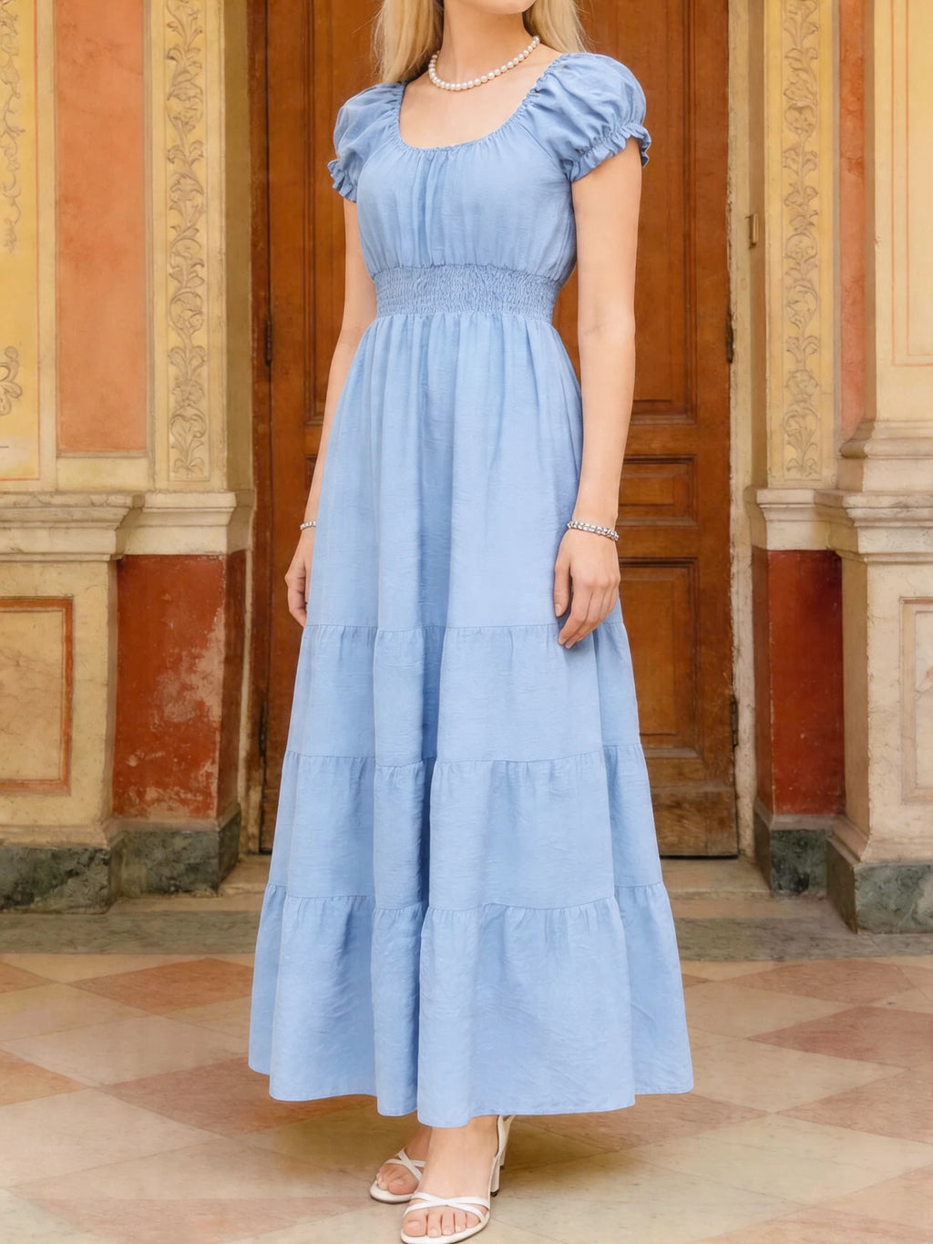 Multi-Color Casual Solid Square Neck Bubble Sleeve Elastic Waist Tiered Flowy Maxi Dress For Women