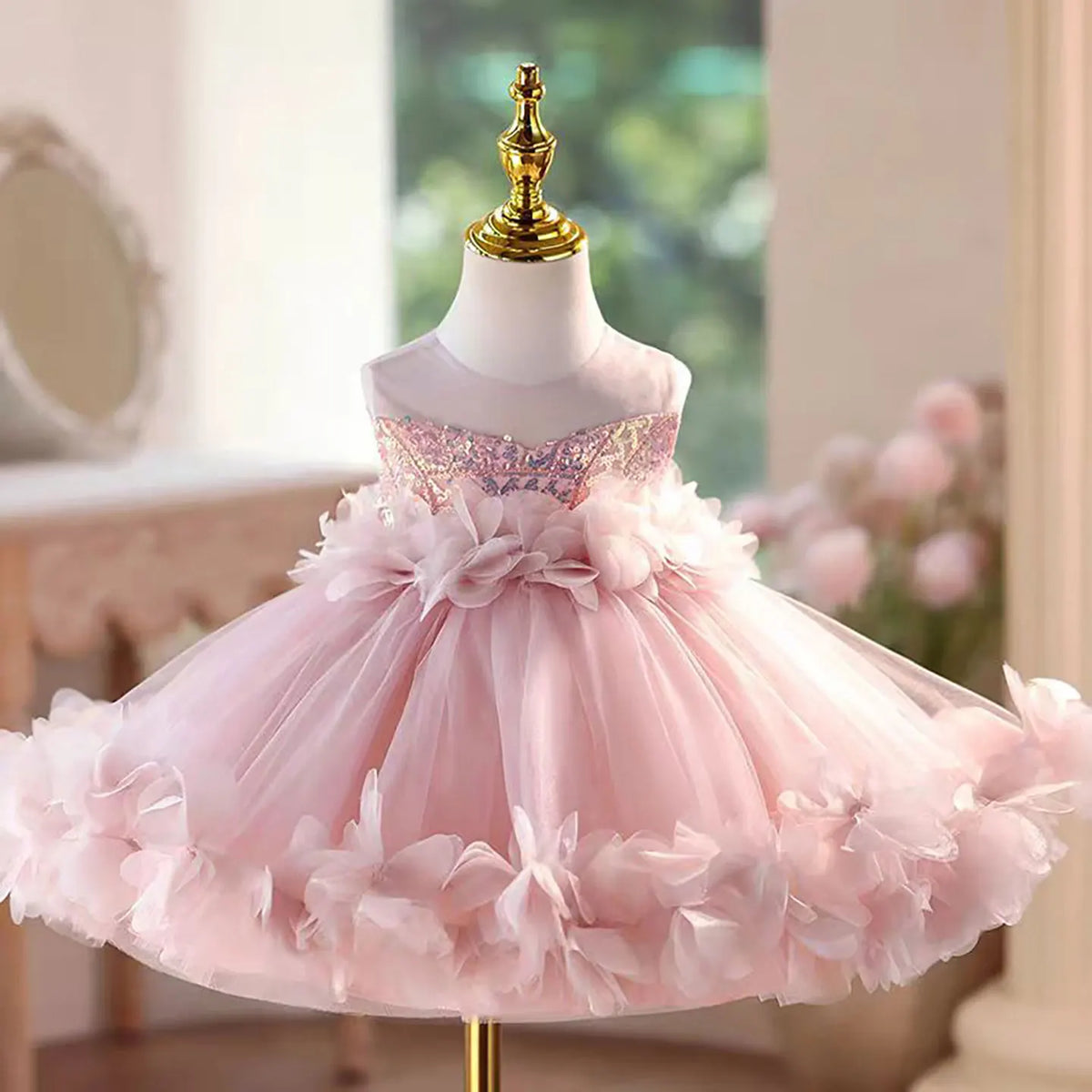 Dreamy Vow D094 Sleeveless Floral Pink Girls Dress Sequined Tulle Children Celebration Party Spring and Summer Mini Prom Dress