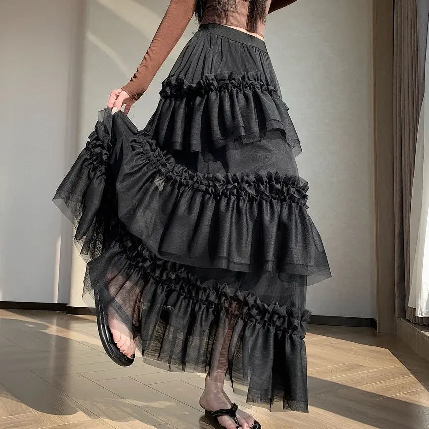 Qiukichonson Midi Long Skirt Women Patchwork Mesh Lolita Spring Summer High Waisted High Low Ruched Ruffles Ball Gown Skirt rok