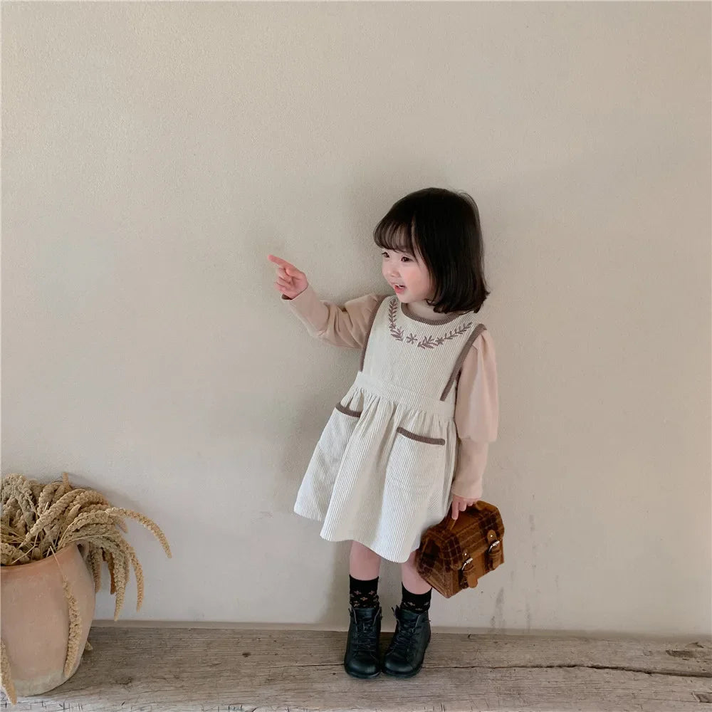 2025 Vinatge Baby Corduroy Sleeveless Dress Little Girls Sundress and Long Sleeve Tops Autumn Winter  Two Piece Set Children