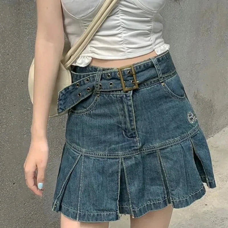 Korean Blue Denim Skirt Women Harajuku Y2K Pleated Mini Skirt Street Vintage Preppy Style High Waisted Embroidery Skirt