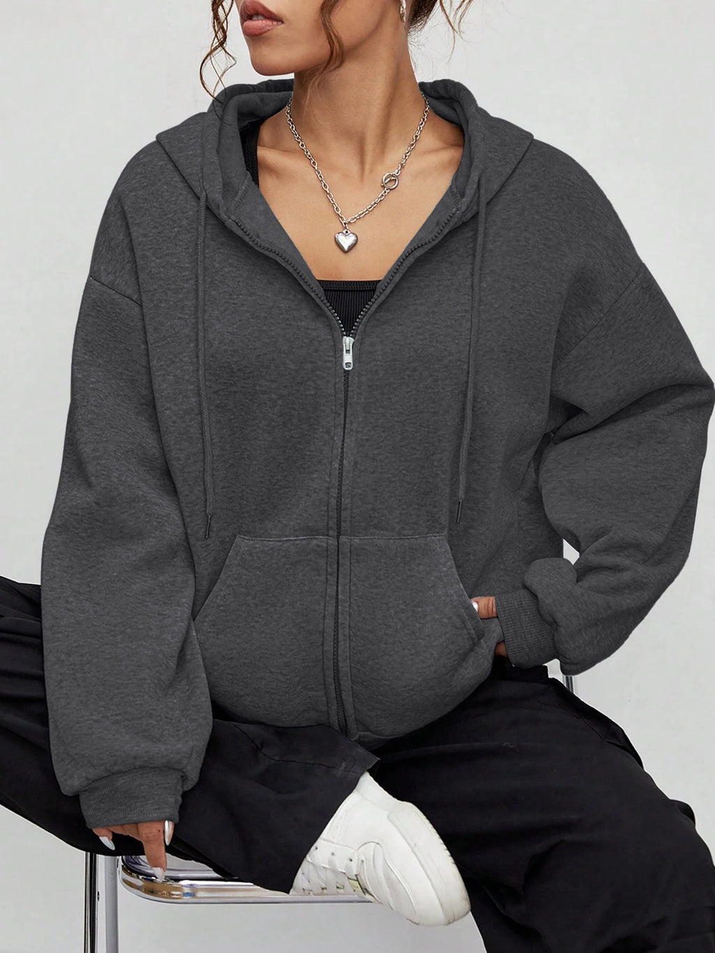 Plus Size Solid Zipper Hoodies Women Warm Fleece Hooded Sweatshirt Autumn Casual Sportswear Pocket Jogging Clothing Street Coat