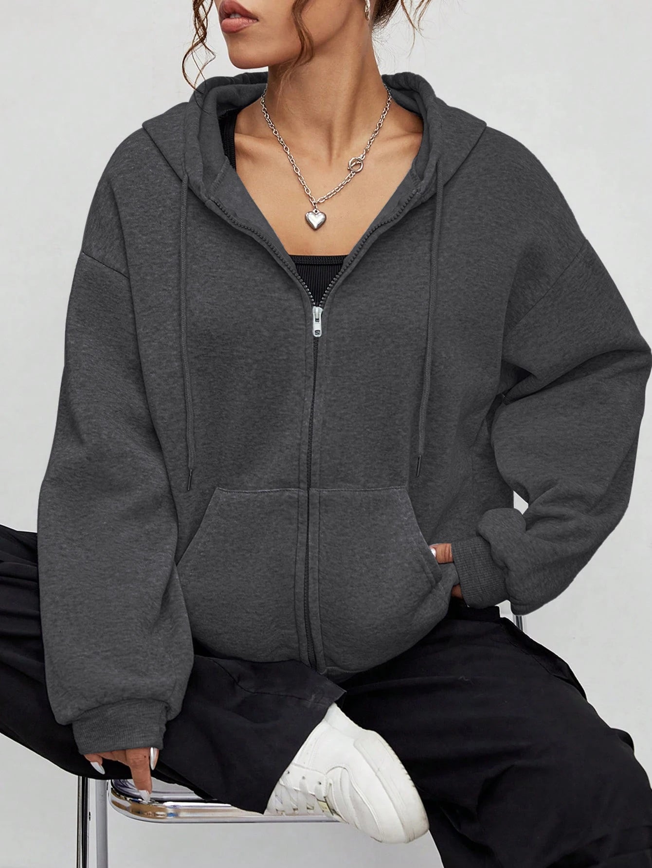 Plus Size Solid Zipper Hoodies Women Warm Fleece Hooded Sweatshirt Autumn Casual Sportswear Pocket Jogging Clothing Street Coat