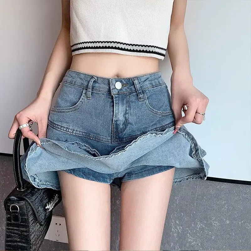 Slimming High Waist A- Line Denim Mini Skirt with Lace Hem for Women Summer Fish Tail Flared Skirt plus Size Cotton Blend