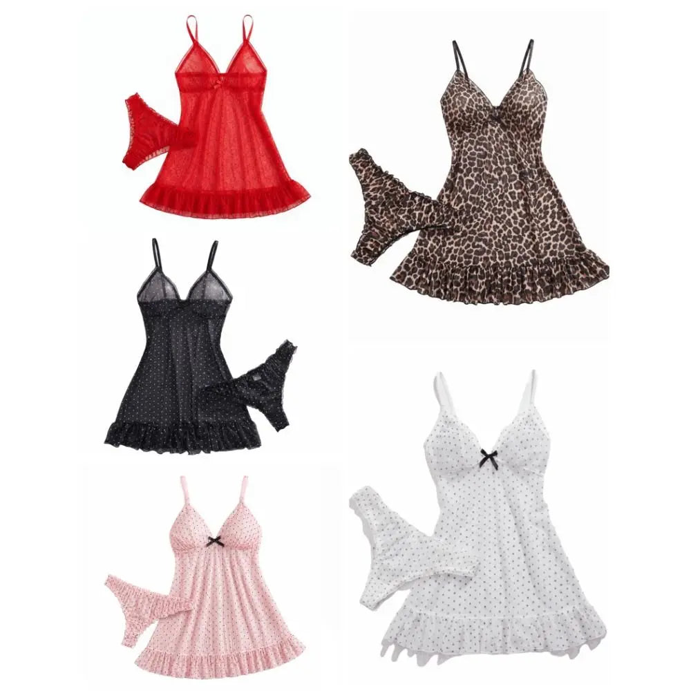 Home Wear Polka Dot Sweet Nightdress Transparent Mesh Sheer Nightwear Skirt Ruffle Hem V Neck Sleeveless Nightgown Women