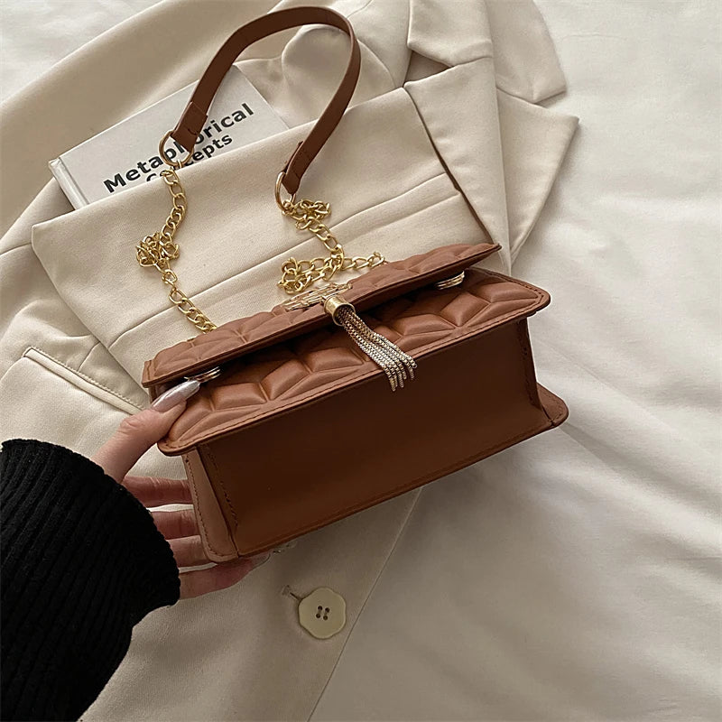 Fashionable Small Fragrant Style Argyle Quilted Small Square Bag Metal Letter Tassel Diagonal Cross Bag Commuter Shoulder Bag