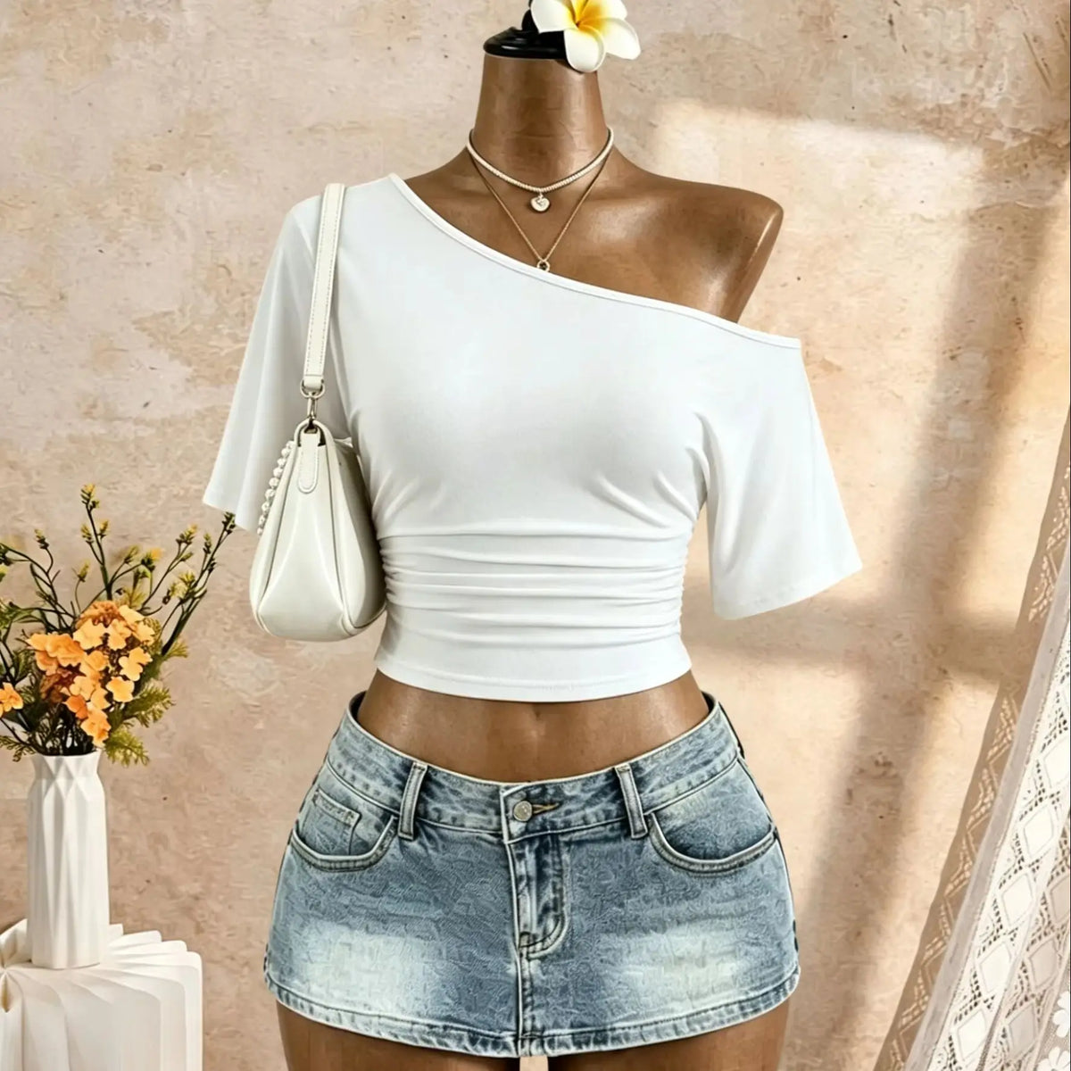 Women's One Shoulder Short Sleeve Ruched Cropped T-Shirt