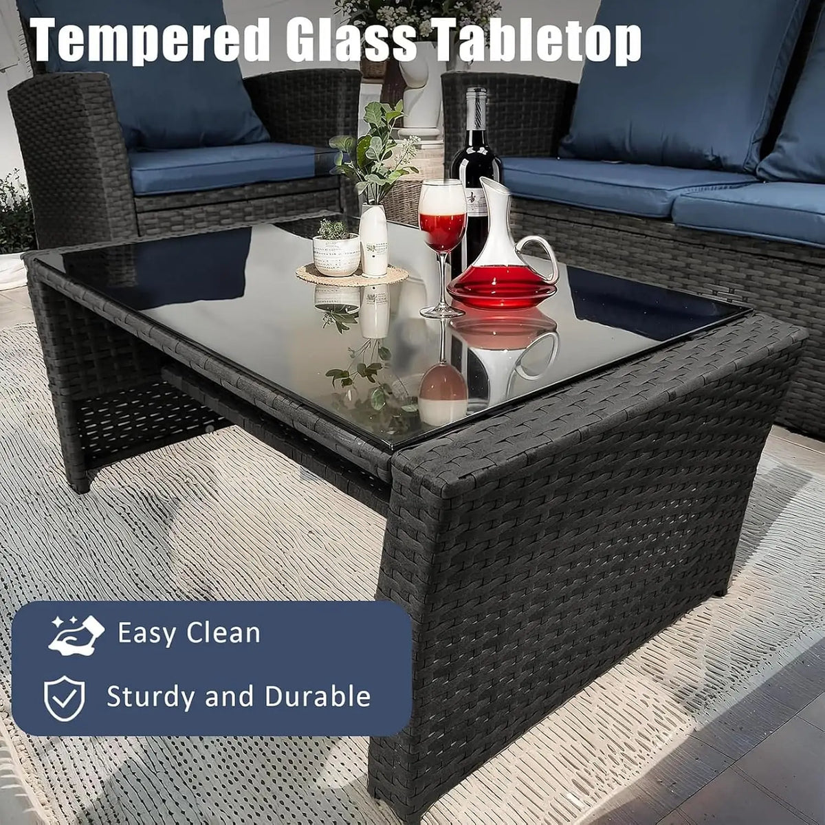 4 Piece Wicker Patio Sectional Sofa Set with Tempered Glass Table for Garden Porch Balcony, Customized