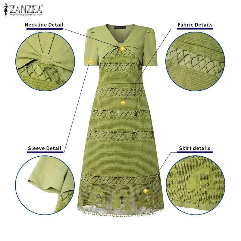 Stylish Women Lace Patchwork Dresses ZANZEA 2026 Summer Sundress Elegant V Neck Party Dress Short Sleeve Embroidered Work Robes