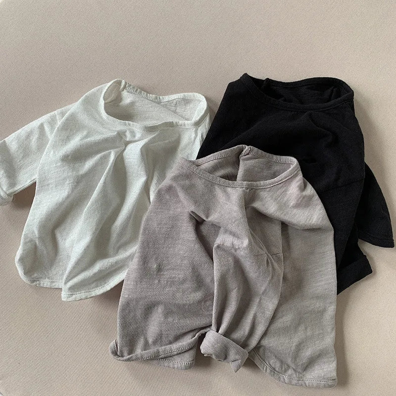 Spring Autumn Kids New Solid Long Sleeves Sweatshirt Boys Loose Cotton Top Clothes Baby Girl Boy Casual Soft Pullover T-Shirts