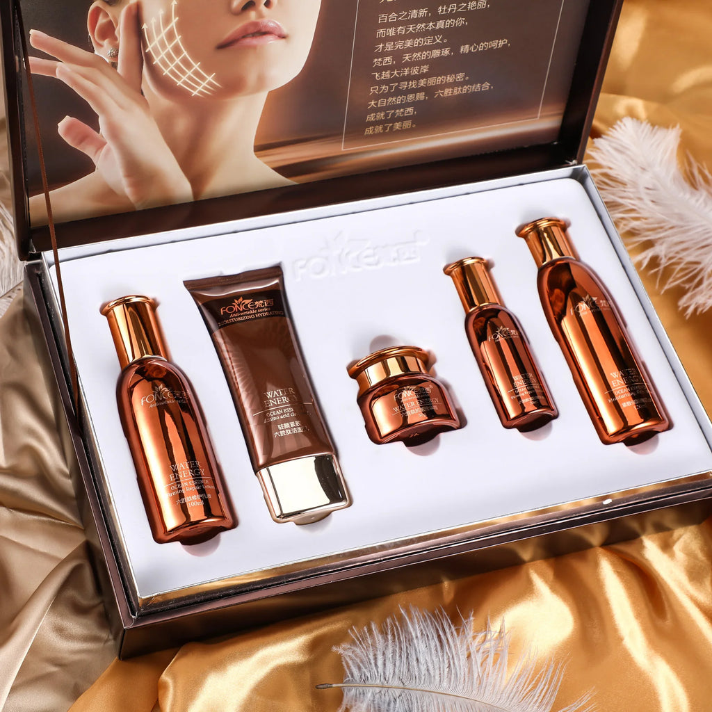 5Pcs Fonce Hexapeptide Firming Anti-Aging Beauty Set Contains Facial Cleanser Serum Toner Anti-Wrinkle Cream Women'S Face Care Kit