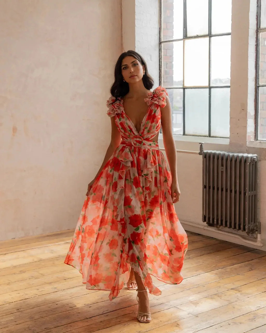 Floral Dress Women Spring Summer Deep V Neck Ruffle Hem Hollow Out Backless Maxi Dresses Bohemian Beach Sundress Outfit