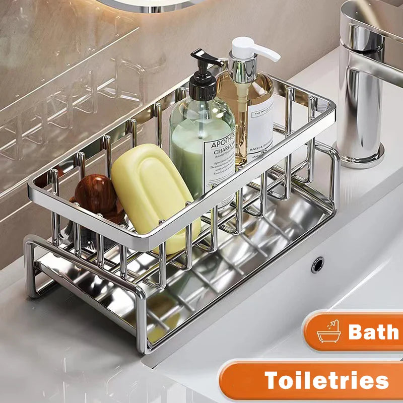 Rejilla de almacenamiento de herramientas de limpieza de fregadero, escurridor multifuncional de acero inoxidable para cocina, organizador de esponjas y detergentes, colgador de trapos