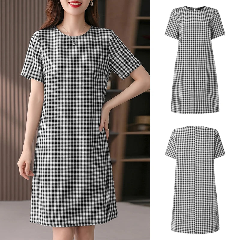 ZANZEA Women's Vintage Gingham Short Sleeves Dresses O-Neck Knee-Length Dress 2026 Summer Daily Casual Commute Robes Femme