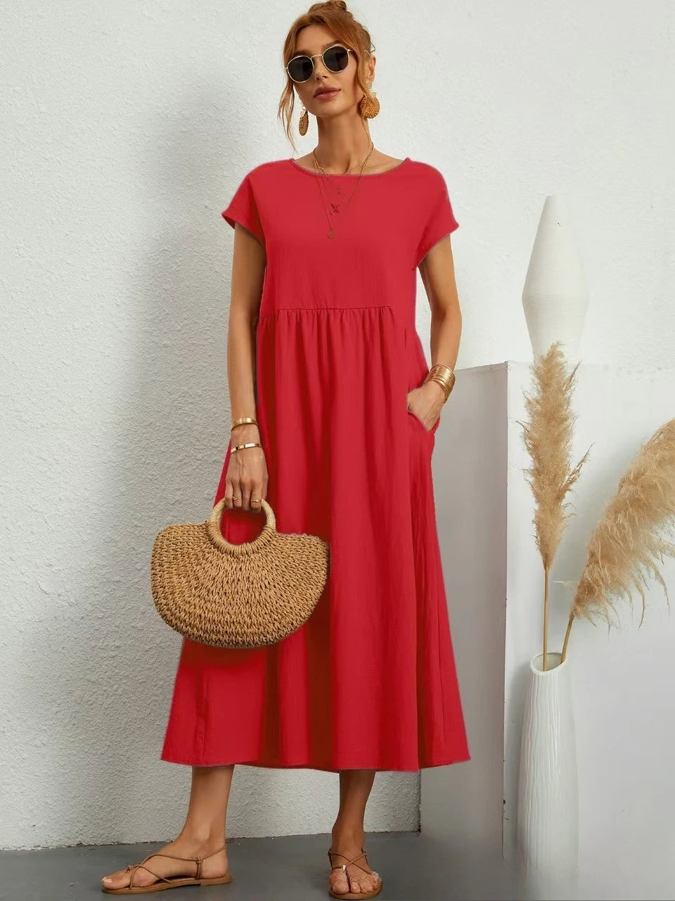 Premium Elegant Solid Cotton Linen Dress Summer Midi with Pockets Loose Fit Casual Crew Neck Short Sleeve for Beach Travel