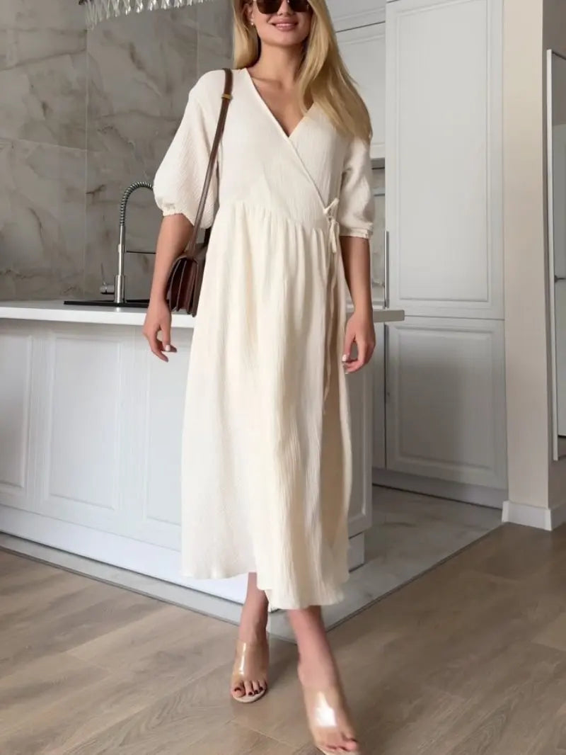 Long Dress Women Dresses Vestidos Lace Up V Neck Puff Sleeve Solid High Waist Female A Line Office Lady Summer 2025 Maxi Gown