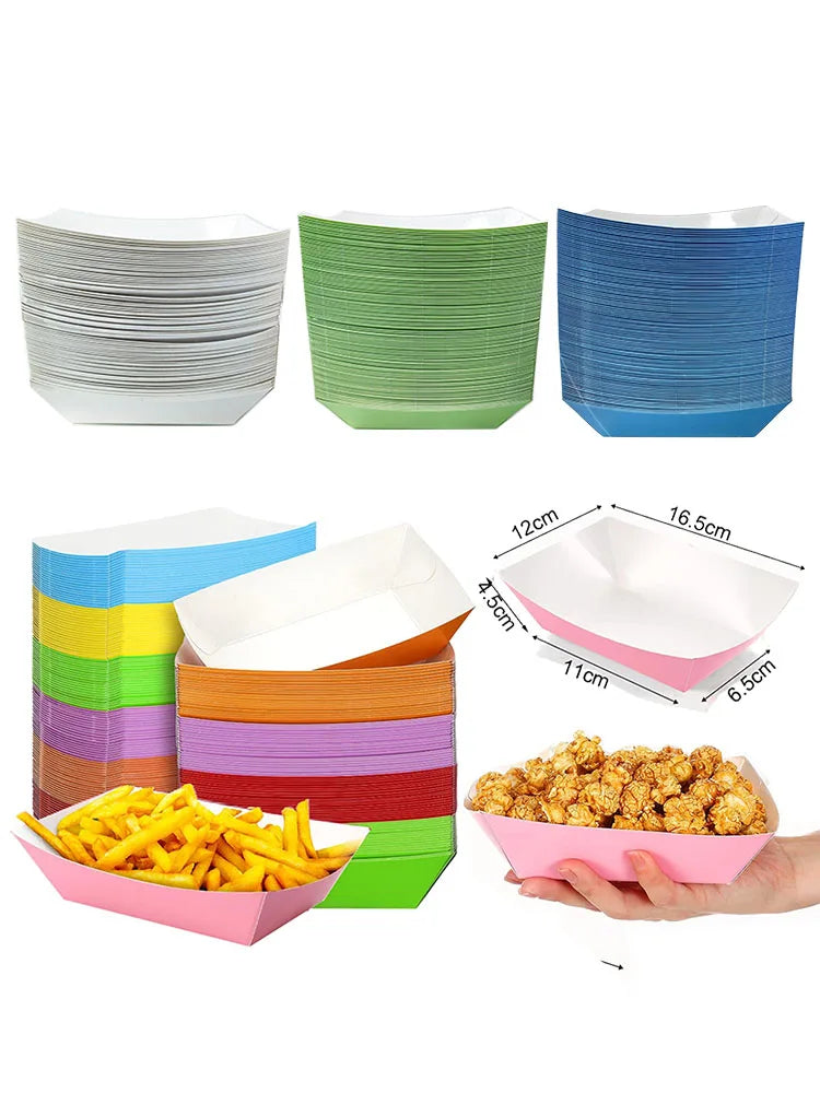 6/12/24 Bandejas de comida de papel de color sólido, desechables, estilo barco, negro, blanco, azul, amarillo, caja de palomitas de maíz, artículos para fiesta de baby shower y cumpleaños