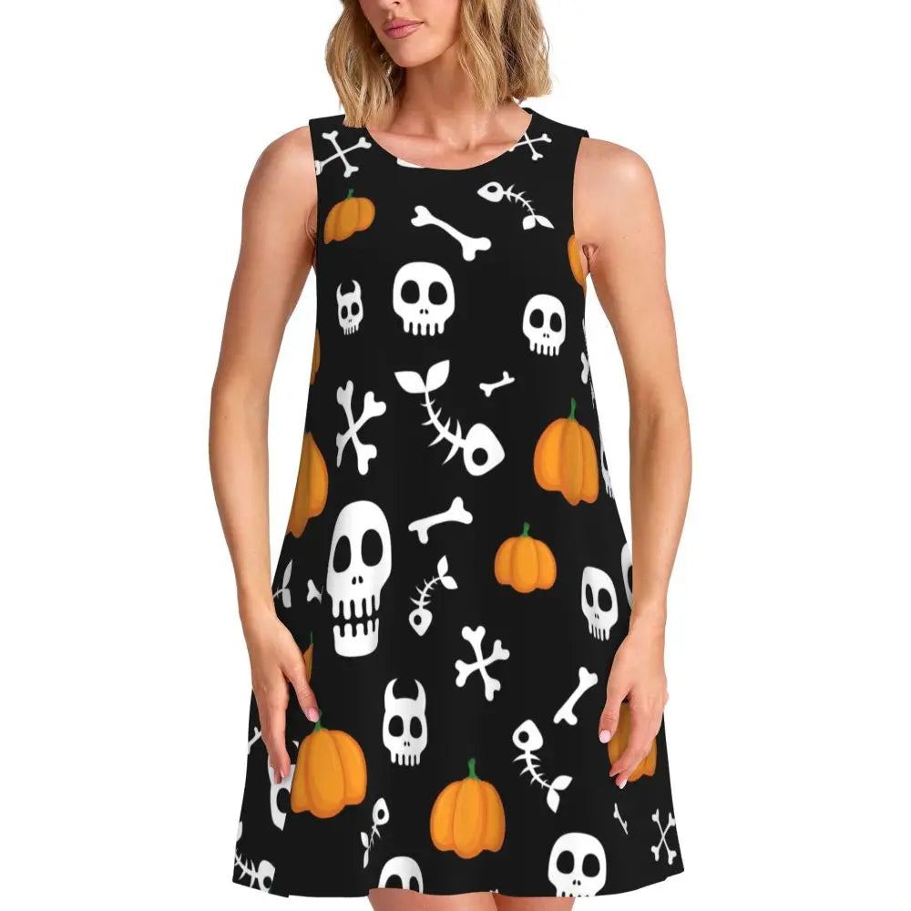 Happy Haunts Tank Dress Halloween Pumpkin Aesthetic Dresses Sleeveless Cute Dress Hot Sale O Neck Ladies Printed Clothing