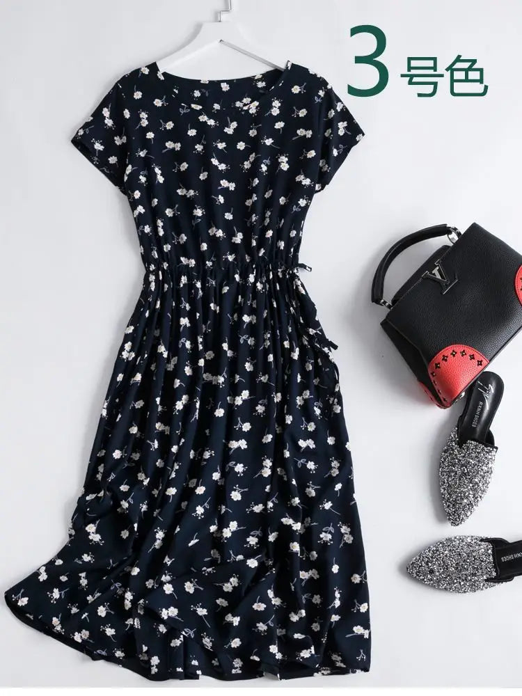 Cotton Silk Dress Women's Short Sleeved 2026 Summer New Ladies Slim Round Neck Temperament Beach Print Dresses