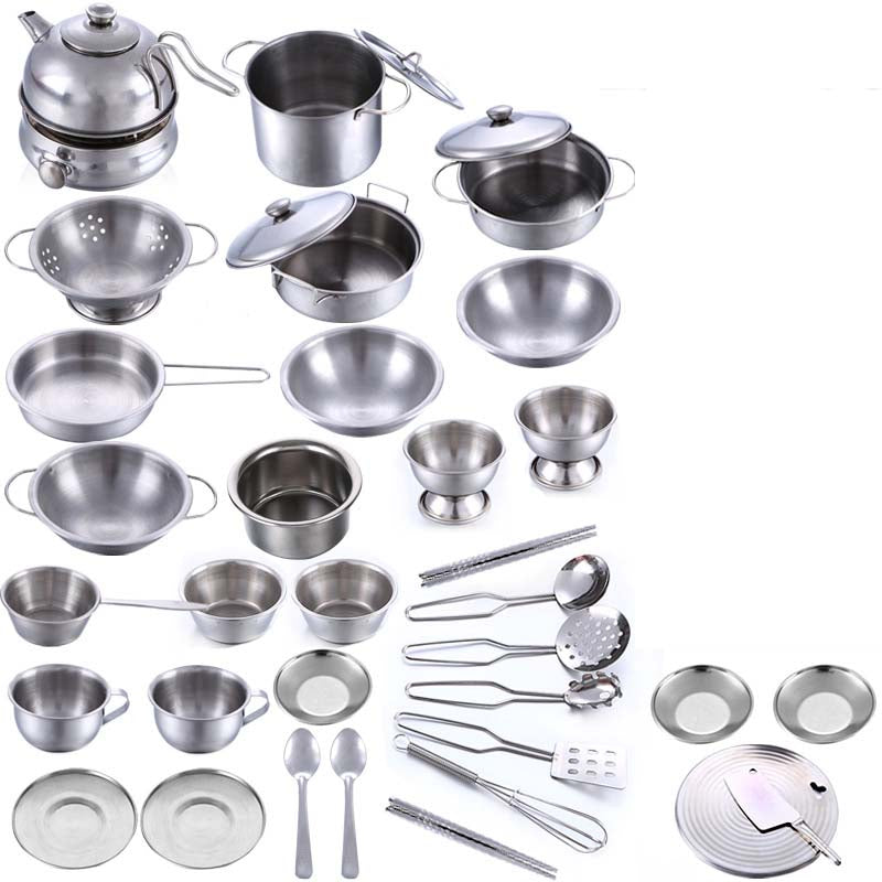 Juego de utensilios de cocina MINI de juguete para niños y niñas de acero inoxidable, pueden guardar alimentos, juguetes de cocina educativos de juego de imitación