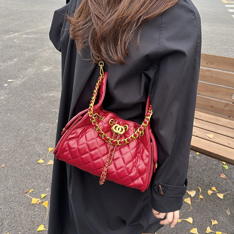 Quilted shoulder underarm bag, large-capacity hobo bag, bucket drawstring chain crossbody bag, women's handbag
