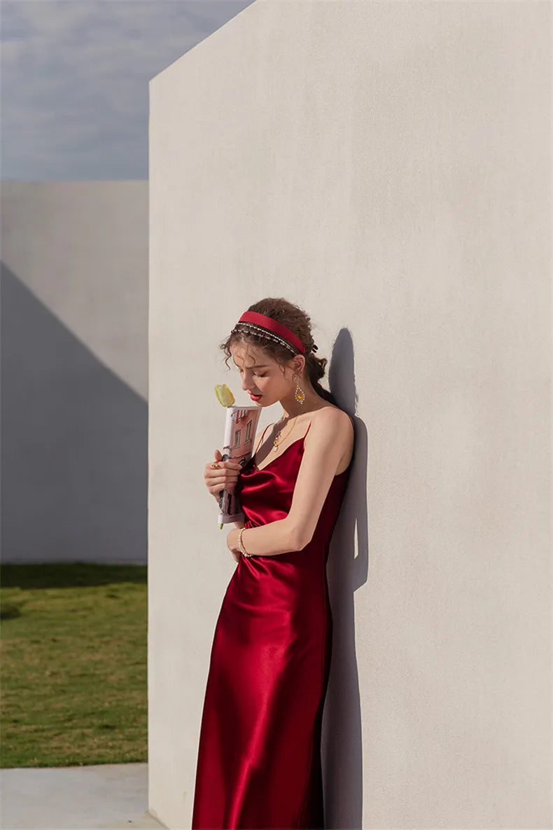 Sexy Spaghetti Strap Burgundy Vintage artificial silk Party Dresses Summer Women Satin Slip Dress Femme long Robe Vestidos
