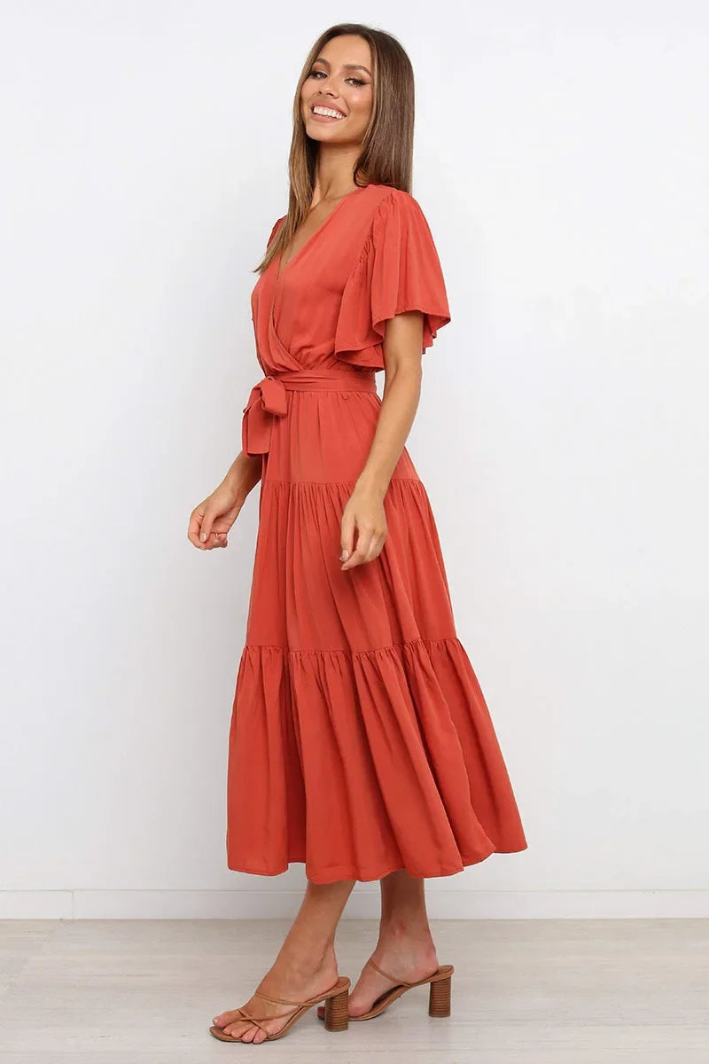 Summer Bohemian Long Dress Pure Color V-Neck Short Sleeve Empire Waist Design Floor Length with Belt Loose Fit Women's Dress